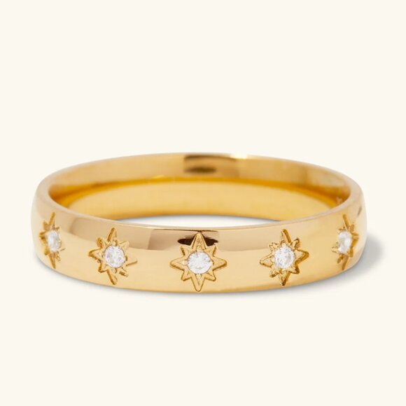 Starburst Gold Ring CZ Stars 18K Gold on Stainless Steel Waterproof BEAUTIFUL - Picture 9 of 12